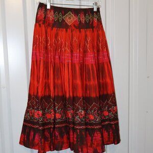 Marciano Women's Cotton Circle Skirt Black Red Gold Full Size XS NWT Ikat Floral